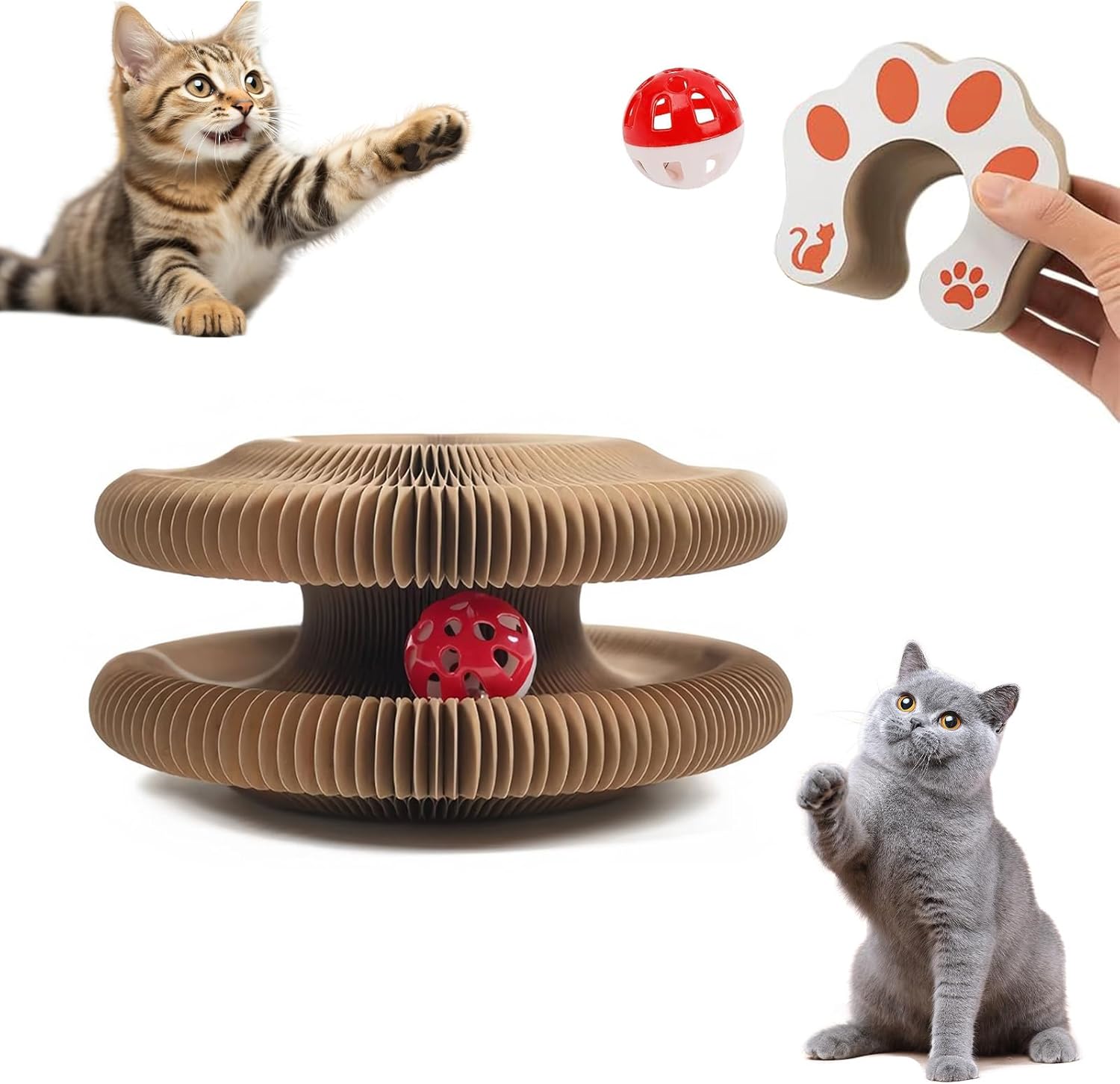 Kattklösare med klockboll en interaktiv kattklösleksak i multiform med dragspelsdesign